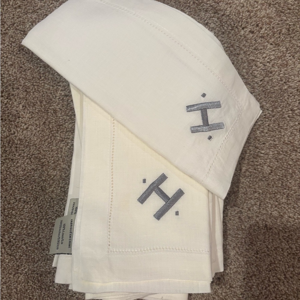 Pottery Barn White and Gray Monogrammed Napkins